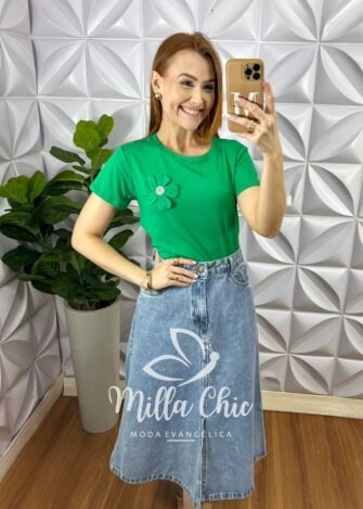 Blusa Com Aplicação de Flor No Viscolycra Florença - Verde - Milla Chic