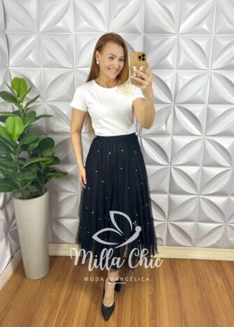 Blusa Malha De Algodão Com Aplicação de Flor Com Tule e Perola Giovane - Branca - Milla Chic