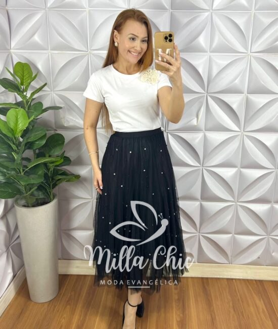 Blusa Malha De Algodão Com Aplicação de Flor Com Tule e Perola Giovane - Branca - Milla Chic