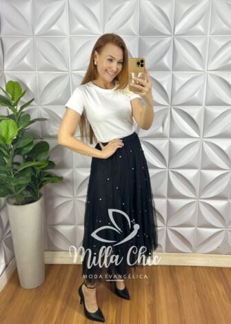 Blusa Malha De Algodão Com Aplicação de Flor Com Tule e Perola Giovane - Branca - Milla Chic