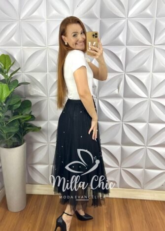 Blusa Malha De Algodão Com Aplicação de Flor Com Tule e Perola Giovane - Branca - Milla Chic