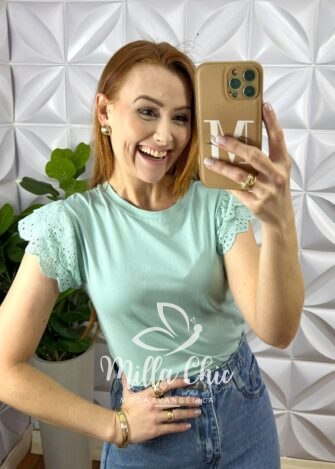 Blusa Malha De Algodão Manga Babadinho De Lesie Aurea - Verde - Milla Chic