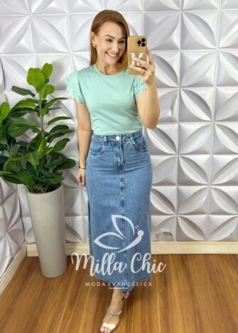 Blusa Malha De Algodão Manga Babadinho De Lesie Aurea - Verde - Milla Chic