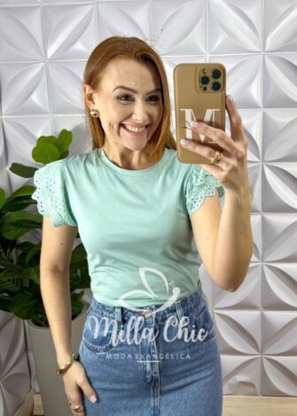 Blusa Malha De Algodão Manga Babadinho De Lesie Aurea - Verde - Milla Chic