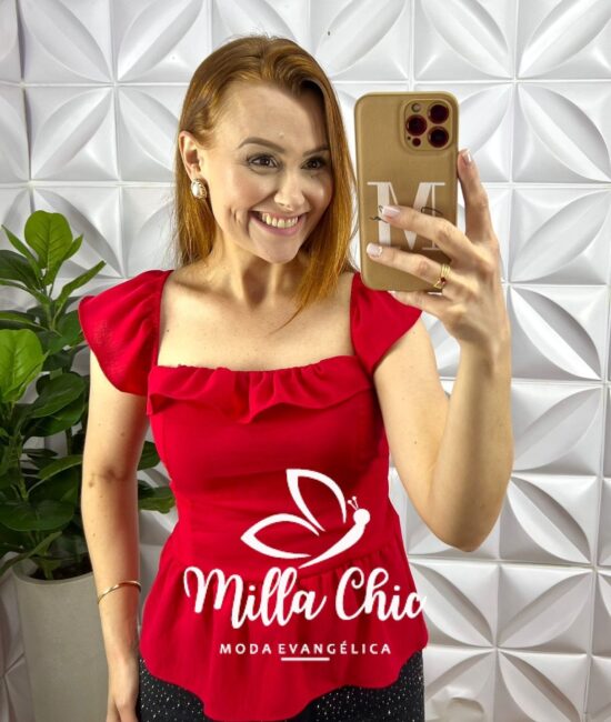 Blusa Peplum Dunna Manga Babadinho Lastex Nas Costas Paty - Vermelha - Milla Chic