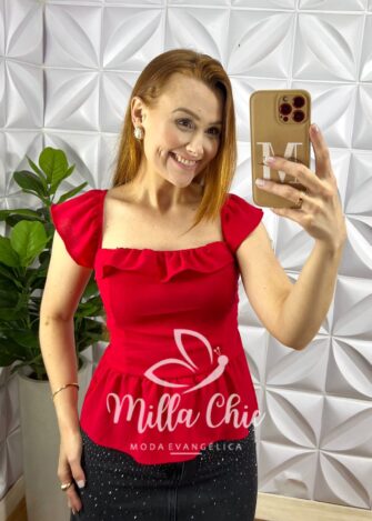 Blusa Peplum Dunna Manga Babadinho Lastex Nas Costas Paty - Vermelha - Milla Chic