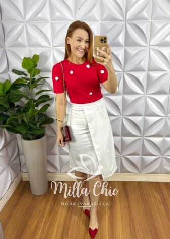 Blusa Tricot Modal Com Gola Marcada Aplicação de Flores Bordadas Holambra - Verde - Milla Chic
