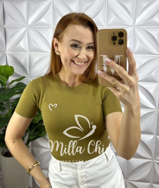 Blusa Tricot Modal Com Gola Marcada Bordado De Coração Livia - Verde - Milla Chic