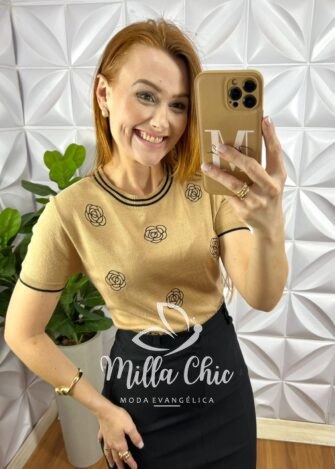 Blusa Tricot Modal Com Gola Marcada e Bordados Floral Antonieta - Nude - Milla Chic