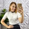 Blusa Tricot Modal Com Trabalhado na Gola e Bordados Floral Polônia - Branco - Milla Chic