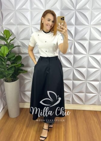 Blusa Tricot Modal Com Trabalhado na Gola e Bordados Floral Polônia - Branco - Milla Chic