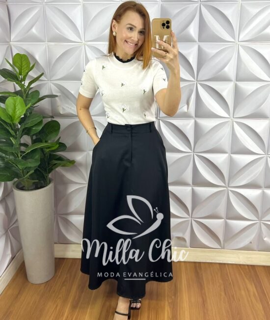 Blusa Tricot Modal Com Trabalhado na Gola e Bordados Floral Polônia - Branco - Milla Chic