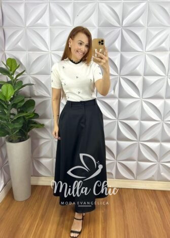 Blusa Tricot Modal Com Trabalhado na Gola e Bordados Floral Polônia - Branco - Milla Chic