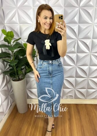 Blusa Tshirt Malha De Algodão Com Aplicação de Laço e Ursinho Úrsula - Preto - Milla Chic