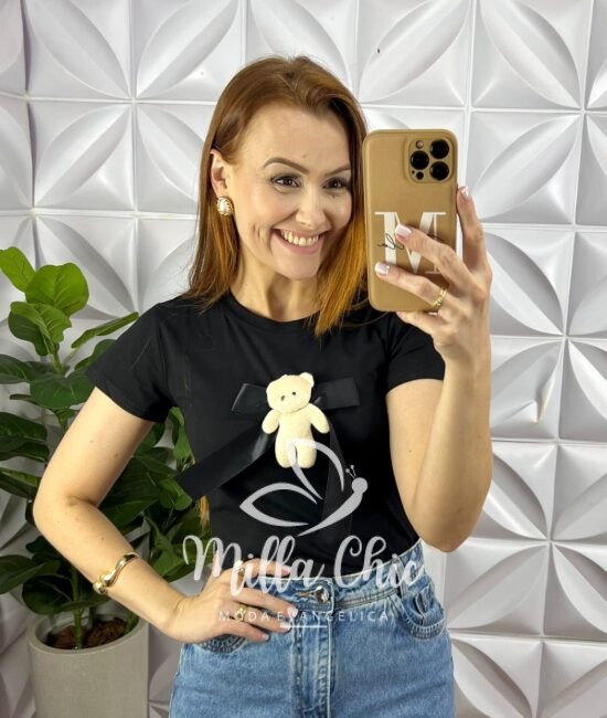 Blusa Tshirt Malha De Algodão Com Aplicação de Laço e Ursinho Úrsula - Preto - Milla Chic