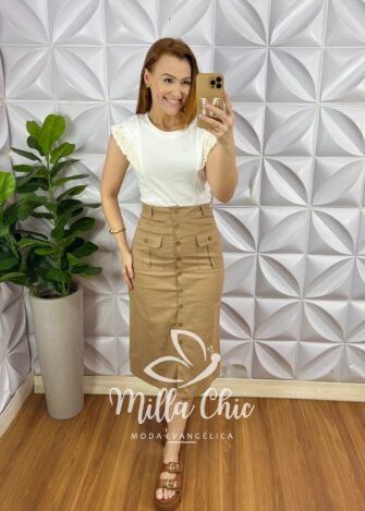 Blusa Tshirt Malha De Algodão Com Manga de Muscle de Babado Bordado Dany - Branco - Milla Chic