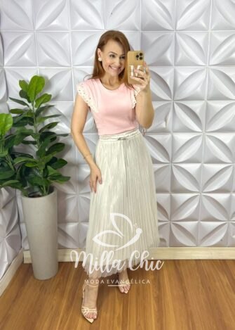 Blusa Tshirt Malha De Algodão Com Manga de Muscle de Babado Bordado Dany - Rosa - Milla Chic