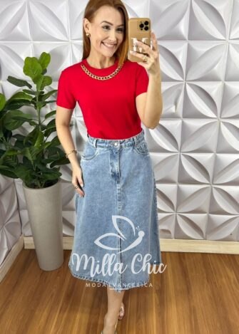 Blusa Viscolycra Com Colar Dourado Ana Beatriz - Vermelho - Milla Chic