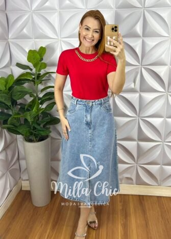 Blusa Viscolycra Com Colar Dourado Ana Beatriz - Vermelho - Milla Chic