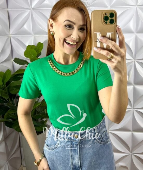Blusa Viscolycra Com Colar Dourado Ana Beatriz - Verde - Milla Chic