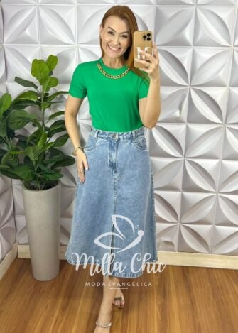 Blusa Viscolycra Com Colar Dourado Ana Beatriz - Verde - Milla Chic