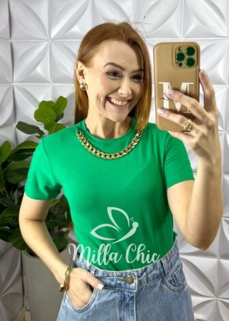 Blusa Viscolycra Com Colar Dourado Ana Beatriz - Verde - Milla Chic