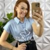 Camisa Cetim Gola Polo Manga Muscle Com Botoes De Massa Tatiane - Azul - Milla Chic