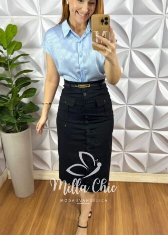 Camisa Cetim Gola Polo Manga Muscle Com Botoes De Massa Tatiane - Azul - Milla Chic