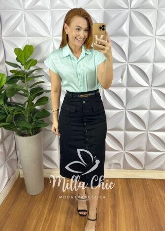 Camisa Cetim Gola Polo Manga Muscle Com Botoes De Massa Tatiane - Verde Agua - Milla Chic