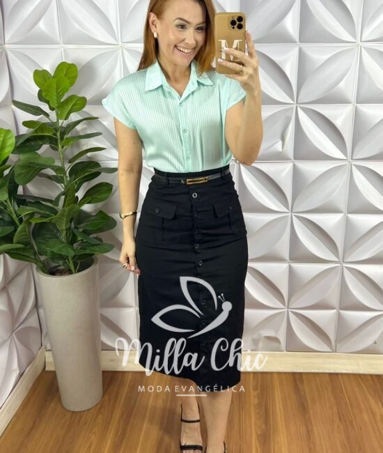 Camisa Cetim Gola Polo Manga Muscle Com Botoes De Massa Tatiane - Verde Agua - Milla Chic