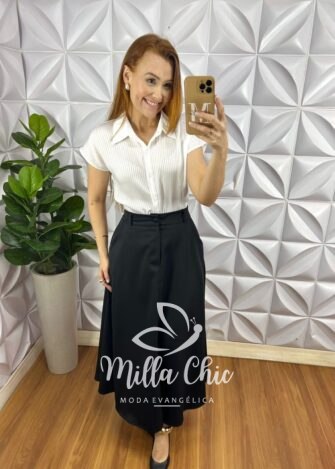 Camisa Cetim Gola Polo Manga Muscle Com Botoes De Massa Tatiane - Branca - Milla Chic