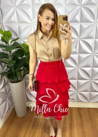 Camisa Cetim Gola Polo Manga Muscle Com Botoes De Massa Tatiane - Nude - Milla Chic