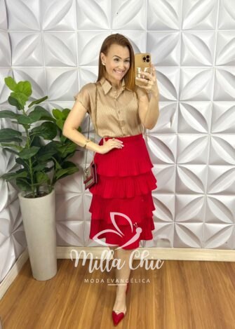 Camisa Cetim Gola Polo Manga Muscle Com Botoes De Massa Tatiane - Nude - Milla Chic