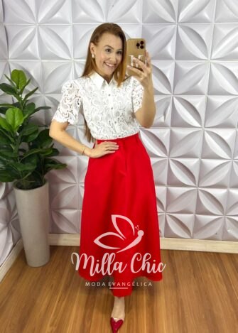 Camisa Renda De Guipper Com Botões De Strass Jamile - Branca - Milla Chic