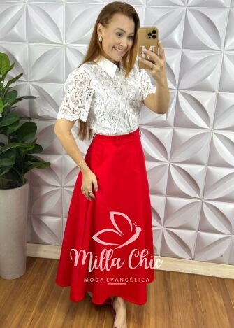 Camisa Renda De Guipper Com Botões De Strass Jamile - Branca - Milla Chic