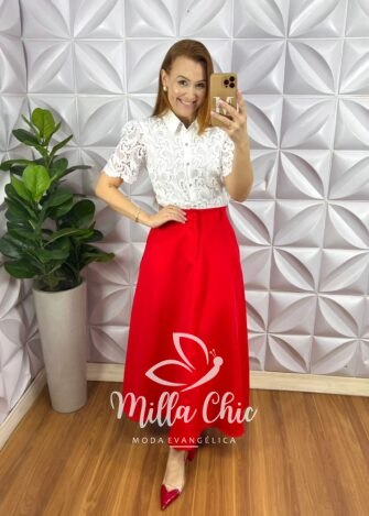 Camisa Renda De Guipper Com Botões De Strass Jamile - Branca - Milla Chic