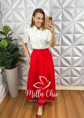 Camisa Renda De Guipper Com Botões De Strass Jamile - Branca - Milla Chic