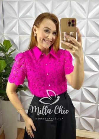Camisa Renda De Guipper Com Botões De Strass Jamile - Pink - Milla Chic