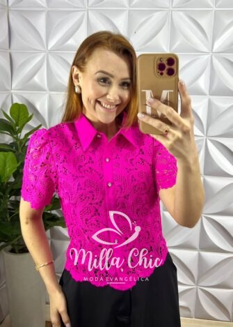 Camisa Renda De Guipper Com Botões De Strass Jamile - Pink - Milla Chic