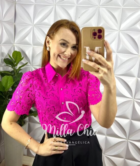 Camisa Renda De Guipper Com Botões De Strass Jamile - Pink - Milla Chic