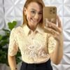 Camisa Renda De Guipper Com Botões De Strass Jamile - Areia - Milla Chic