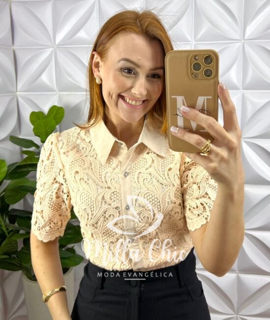 Camisa Renda De Guipper Com Botões De Strass Jamile - Areia - Milla Chic