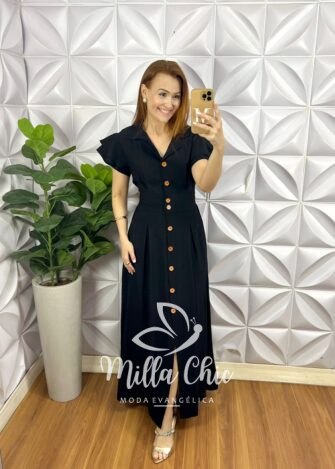 Chemise Alfaiataria Amarrant Manga Babadinho Gola Polo Longo Com Pregas Paula - Preto - Milla Chic