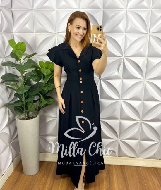 Chemise Alfaiataria Amarrant Manga Babadinho Gola Polo Longo Com Pregas Paula - Preto - Milla Chic