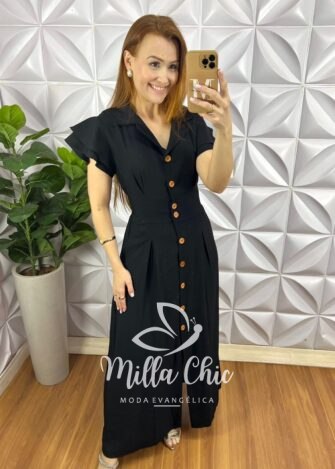 Milla Chic - millachic com br chemise alfaiataria amarrant manga babadinho gola polo longo com pregas paula preto Chemise Alfaiataria Amarrant Manga Babadinho Gola Polo Longo Com Pregas Paula - Preto - Milla Chic