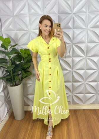 Chemise Alfaiataria Amarrant Manga Babadinho Gola Polo Longo Com Pregas Paula - Lima - Milla Chic