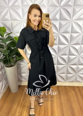 Vestido Alfaiataria Marrant Gola Polo regulagem Na Cintura Mídi Com Babado Na Barra Pamela - Preto - Milla Chic