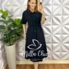 Vestido Alfaiataria Marrant Gola Polo regulagem Na Cintura Mídi Com Babado Na Barra Pamela - Preto - Milla Chic