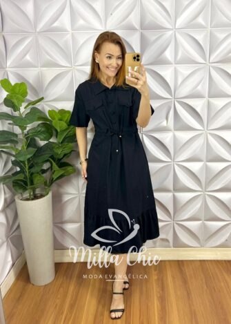 Vestido Alfaiataria Marrant Gola Polo regulagem Na Cintura Mídi Com Babado Na Barra Pamela - Preto - Milla Chic