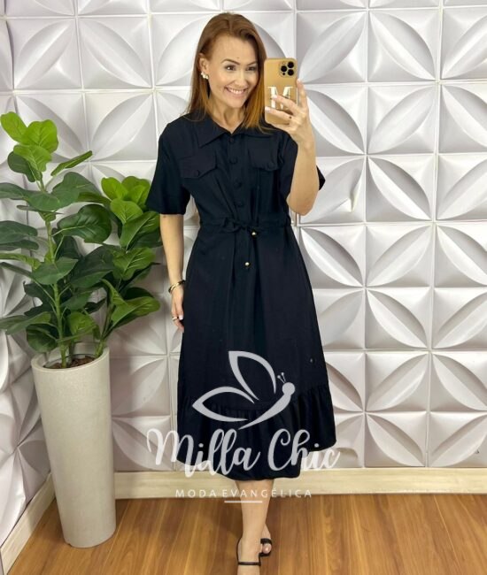 Vestido Alfaiataria Marrant Gola Polo regulagem Na Cintura Mídi Com Babado Na Barra Pamela - Preto - Milla Chic